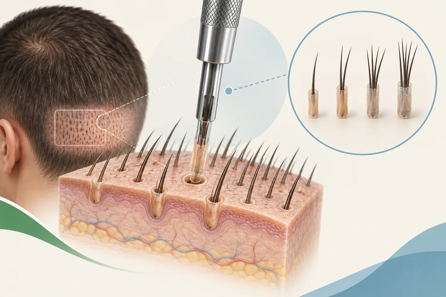 Educational illustration of individual follicular-unit extraction in FUE