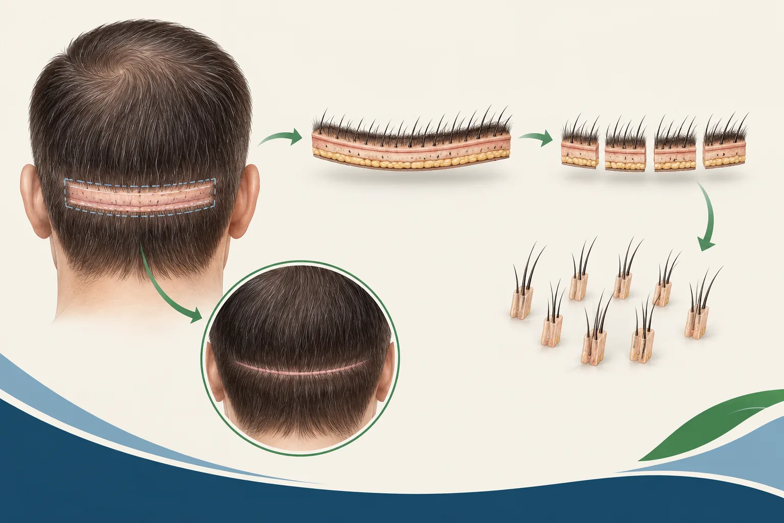 Educational illustration of a FUT donor strip divided into follicular-unit grafts