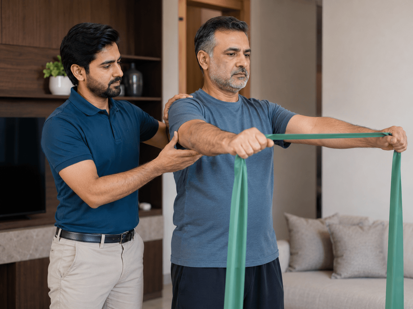 Physiotherapist guiding a patient through home rehabilitation exercises