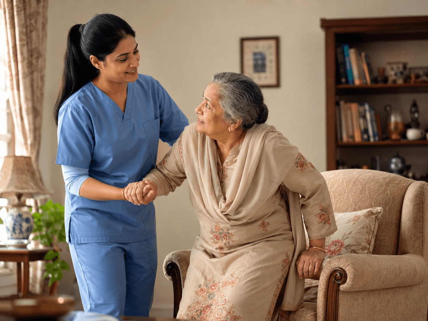Caretaker assisting an older adult at home