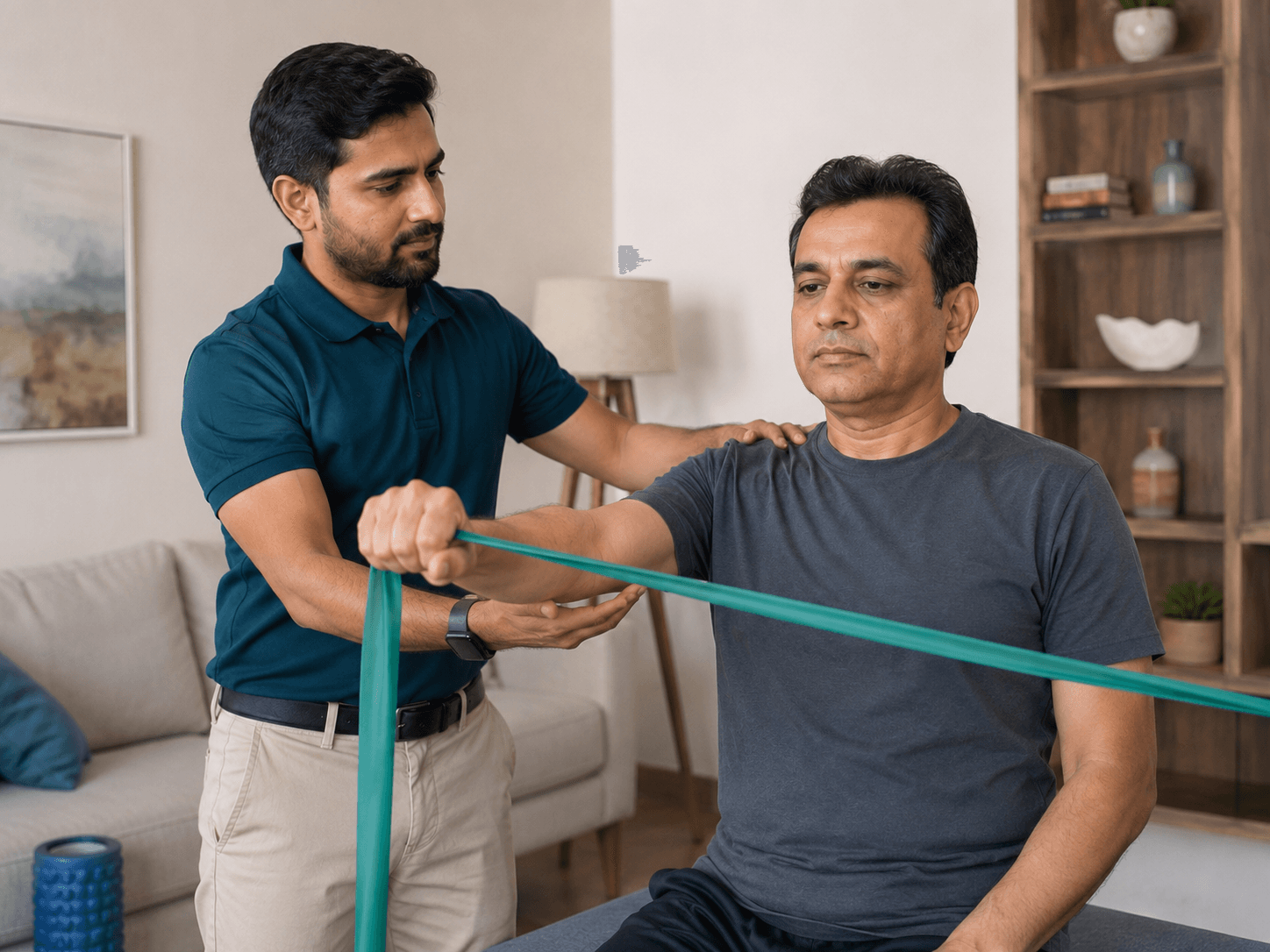 Physiotherapist guiding a patient through exercises at home