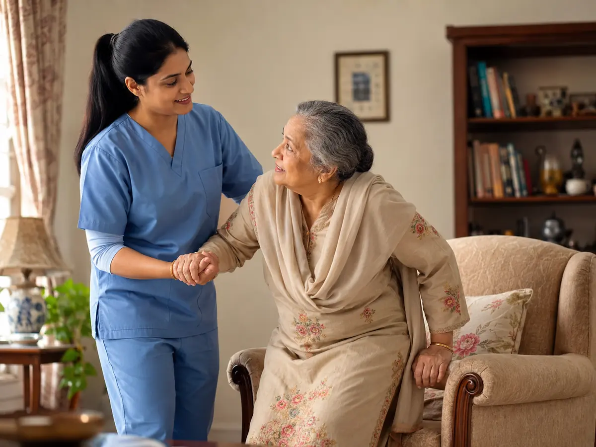 Caretaker assisting an older adult at home