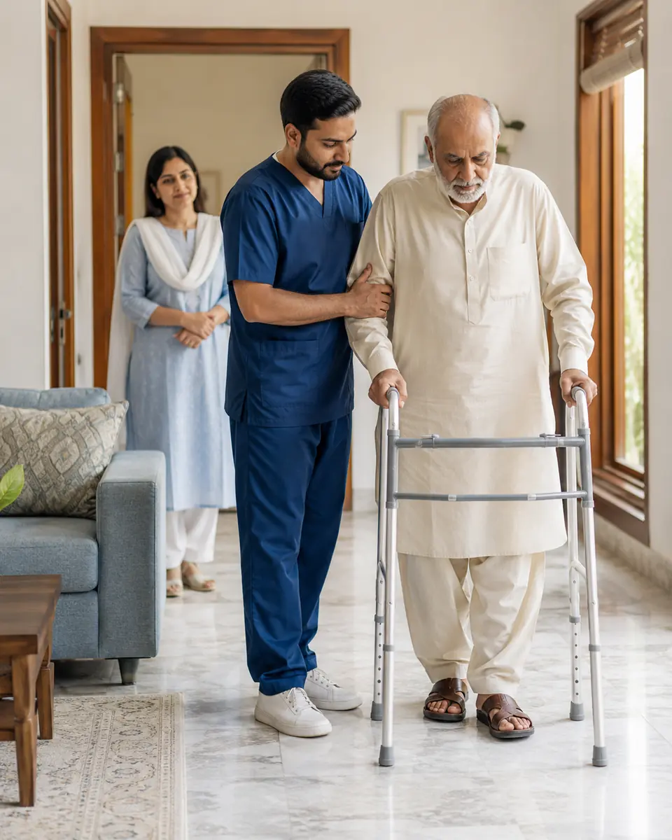 Home care professional supporting an older man with a walker