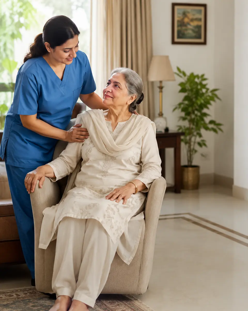 South Asian home nurse supporting an older patient at home