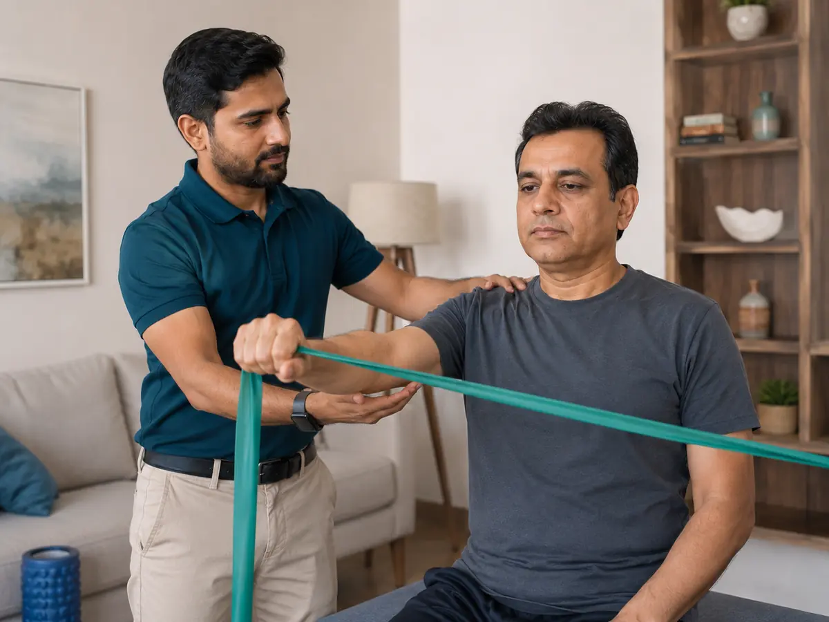 Physiotherapist guiding a patient through exercises at home