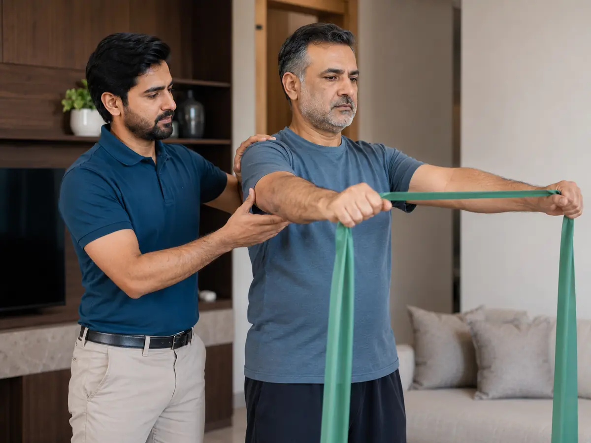 Physiotherapist guiding a patient through home rehabilitation exercises