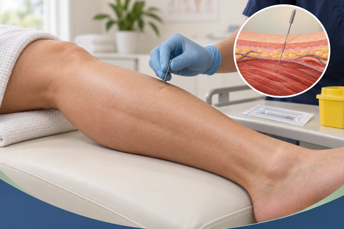 Educational illustration of a fine solid needle and a simplified skin-to-muscle inset